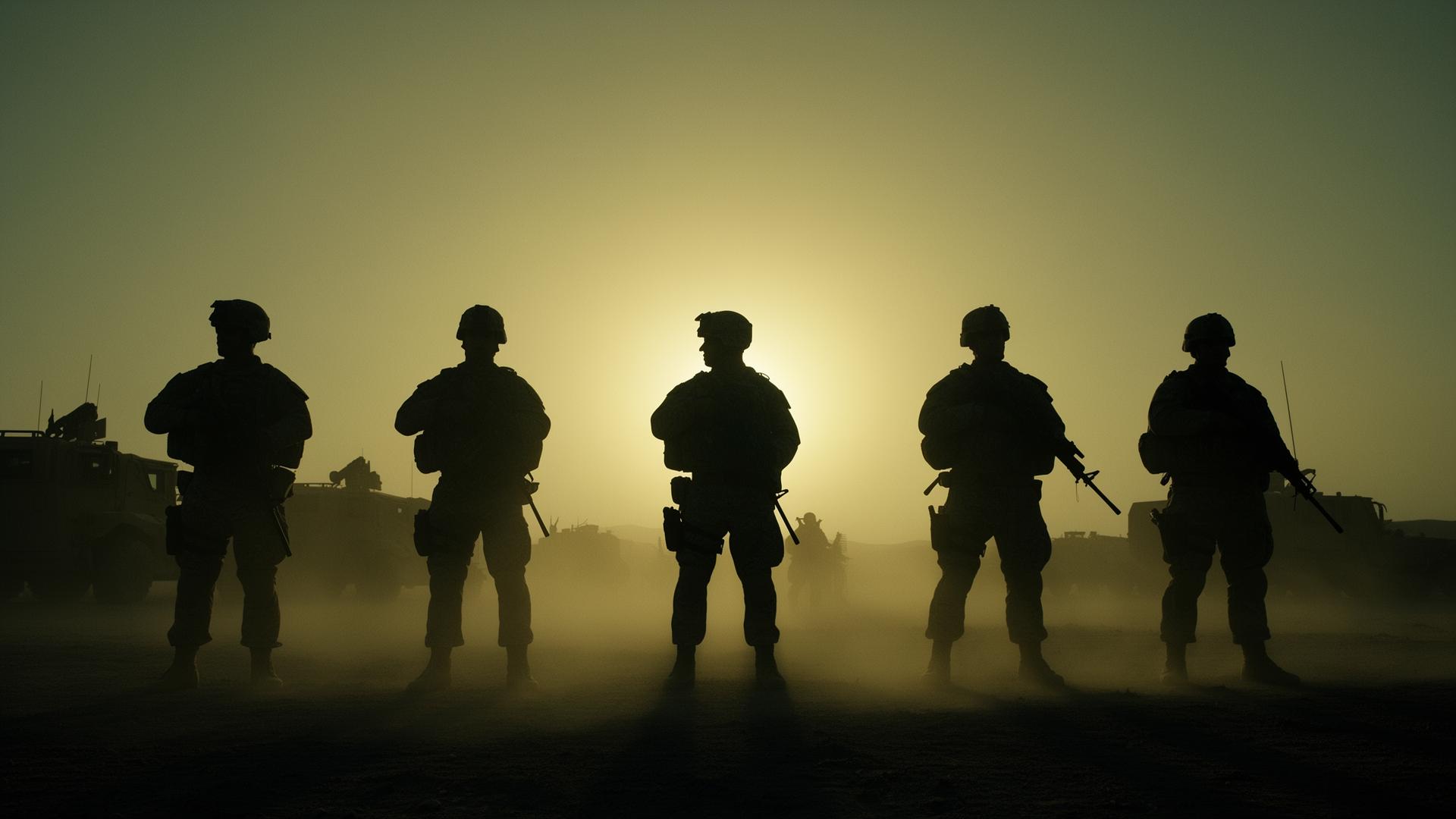 Soldiers standing at sunrise
